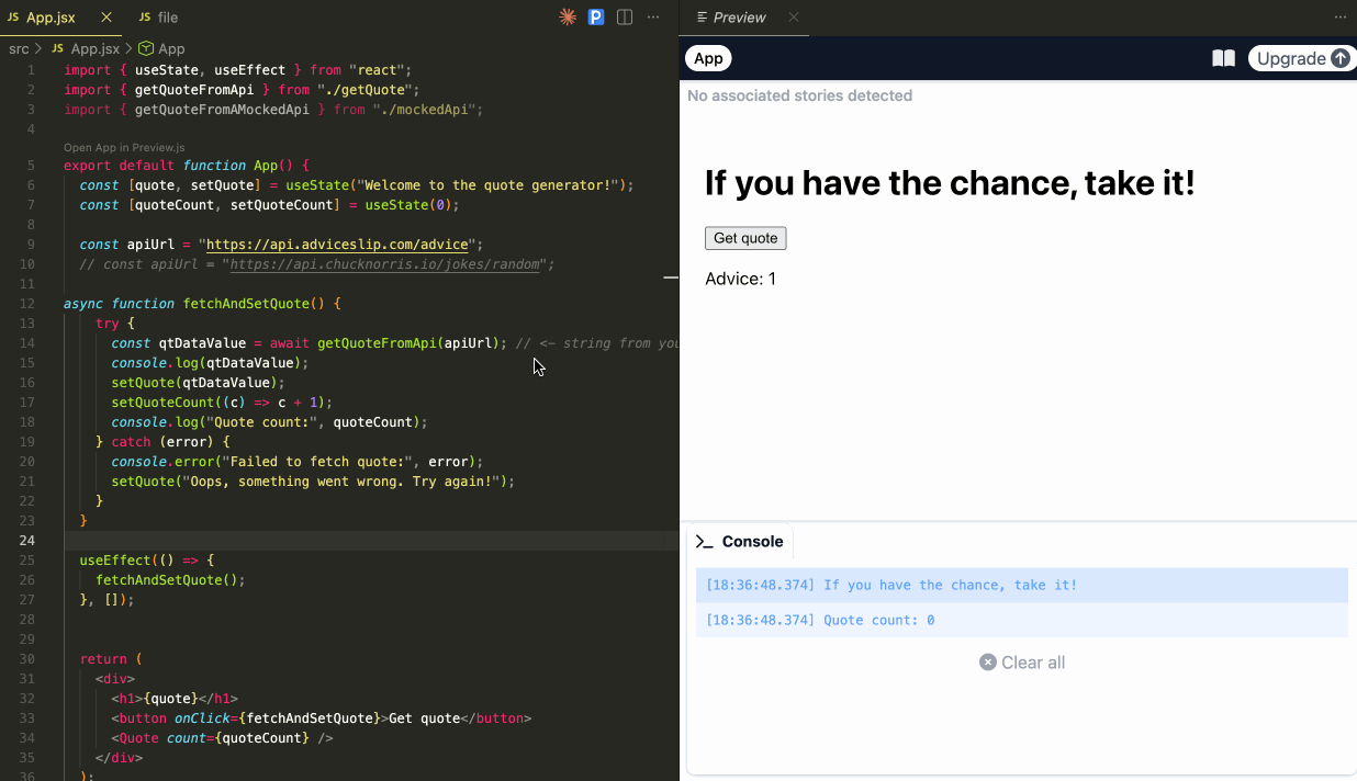 Quote app fetching a quote from an API